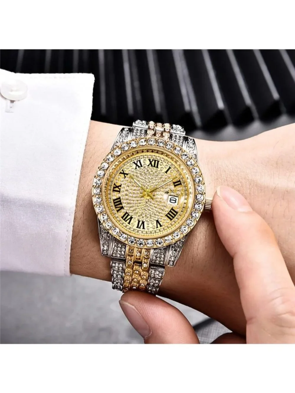 Mens Silver Gold Analog Crystal Rhinestone Diamond Iced-Out Bracelet Wrist Watch